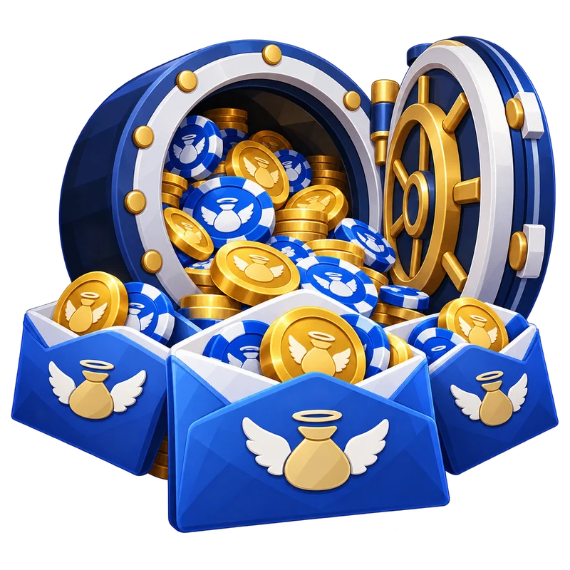 An open reward vault distributing blue reward envelopes