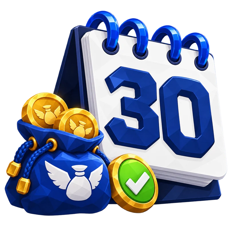 A blue and white calendar showing 30 beside a reward pouch