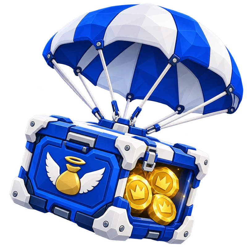 A blue reward crate drifting down beneath a parachute