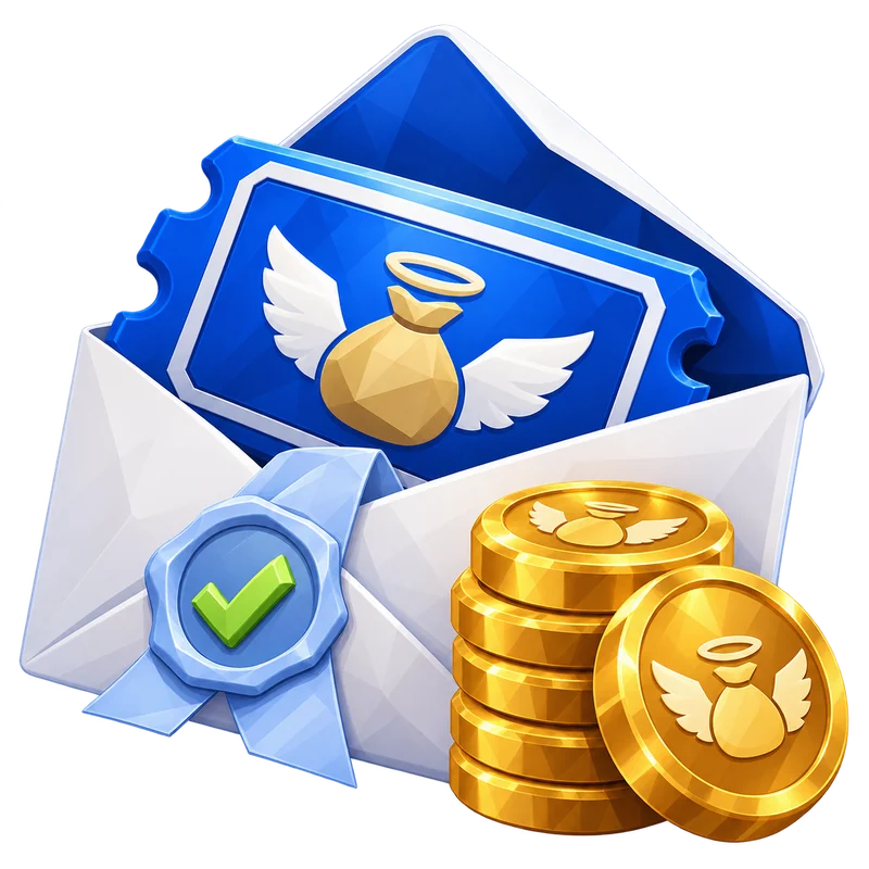 An opened welcome envelope with a reward voucher and five coins